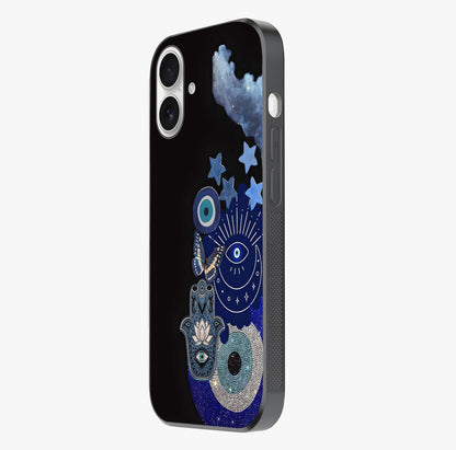 Galactic Charm Cluster Glass Case photographed in natural light showing reflective finish and design depth.