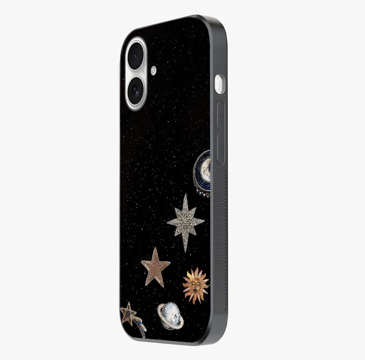 Galactic Charm Glow Glass Case photographed in natural light showing reflective finish and design depth.