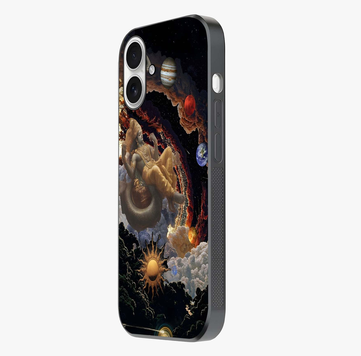 Galactic Divine God Glass Case photographed in natural light showing reflective finish and design depth.