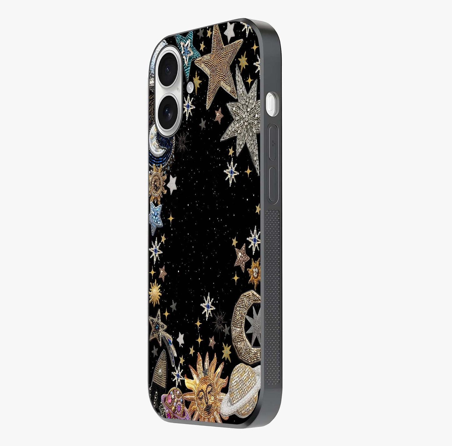 Galactic Jewel Stars Glass Case photographed in natural light showing reflective finish and design depth.
