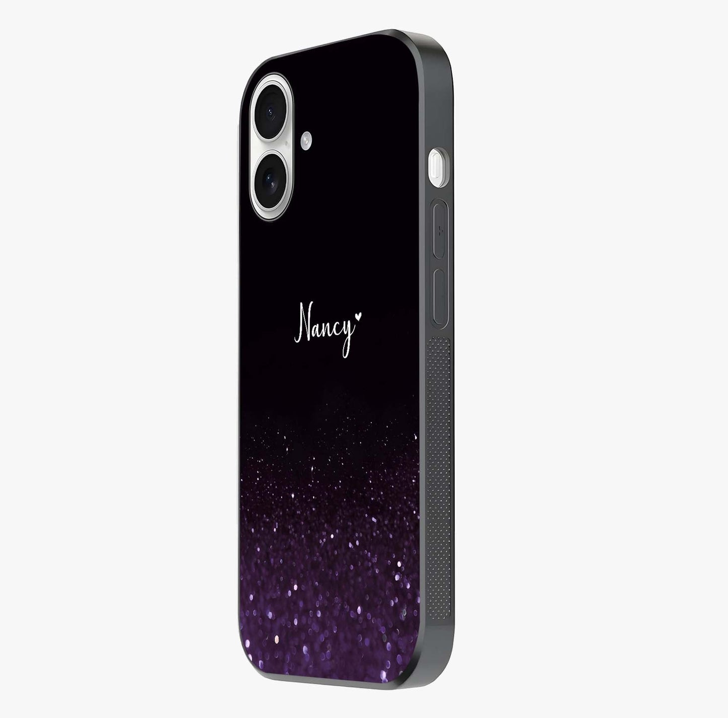 Glittery Purple Bokeh Custom Name Glass Case photographed in natural light showing reflective finish and design depth.