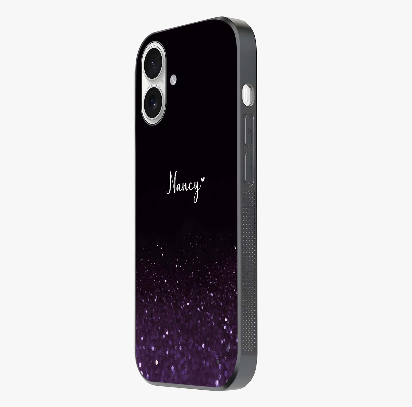 Glittery Purple Bokeh Custom Name Glass Case photographed in natural light showing reflective finish and design depth.