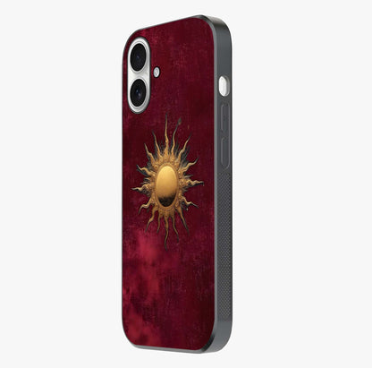 Golden Sun Minimalism Glass Case photographed in natural light showing reflective finish and design depth.