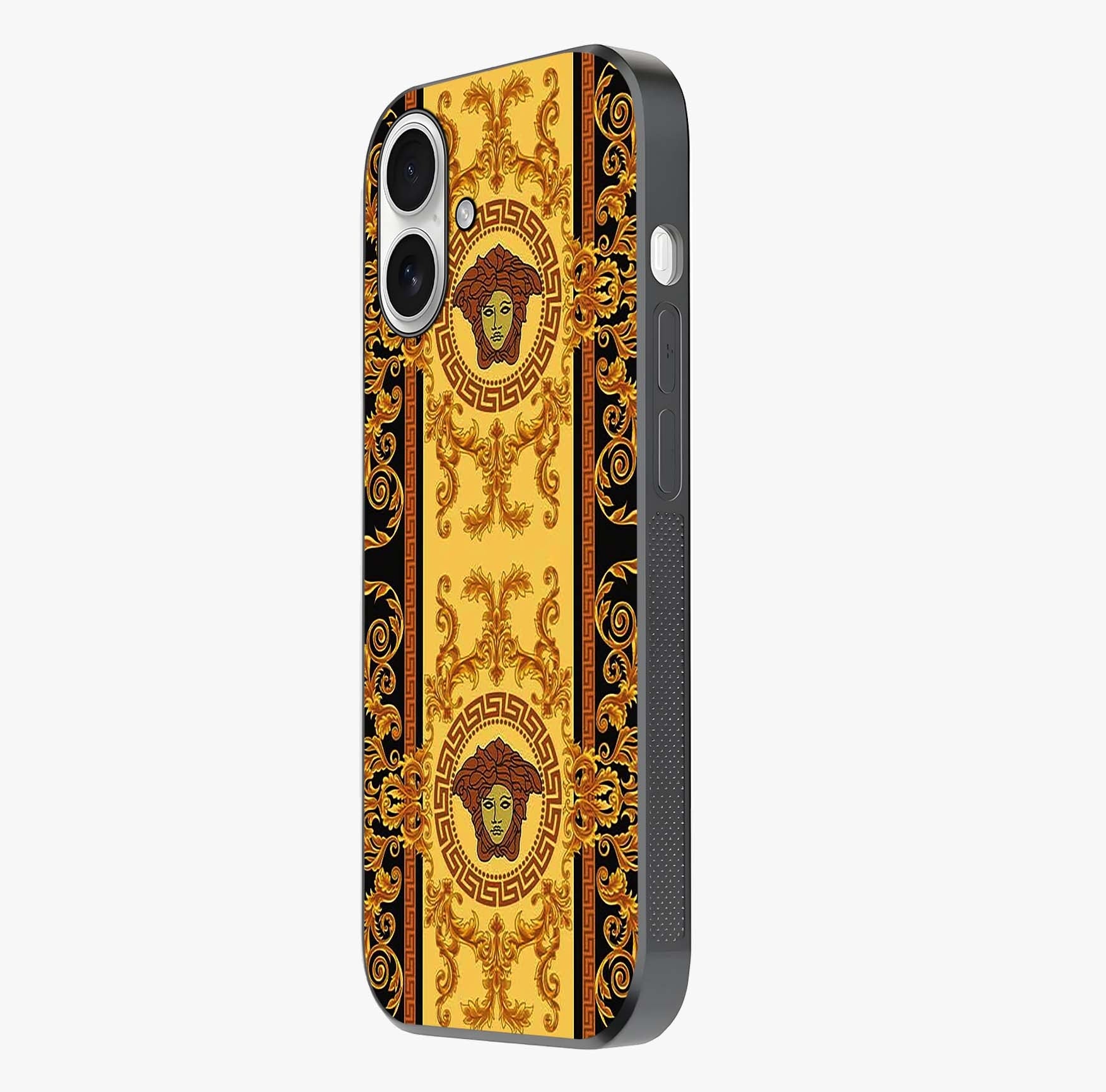 Golden Lotus Glow Glass Case photographed in natural light showing reflective finish and design depth.