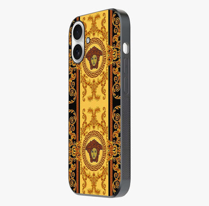 Golden Lotus Glow Glass Case photographed in natural light showing reflective finish and design depth.
