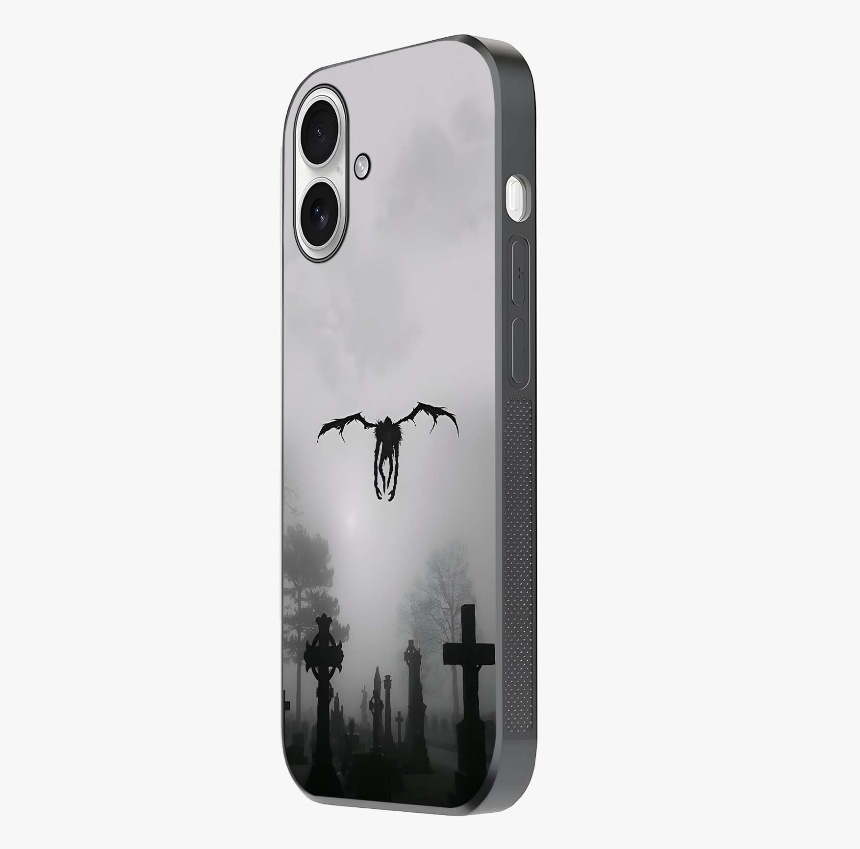 Graveyard Shadow Descent Glass Case photographed in natural light showing reflective finish and design depth.