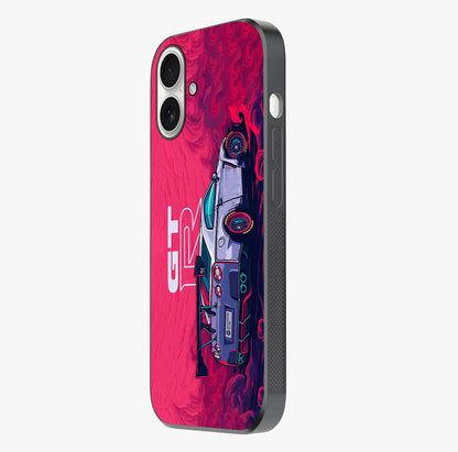 GT R Car Pattern Glass Case photographed in natural light showing reflective finish and design depth.