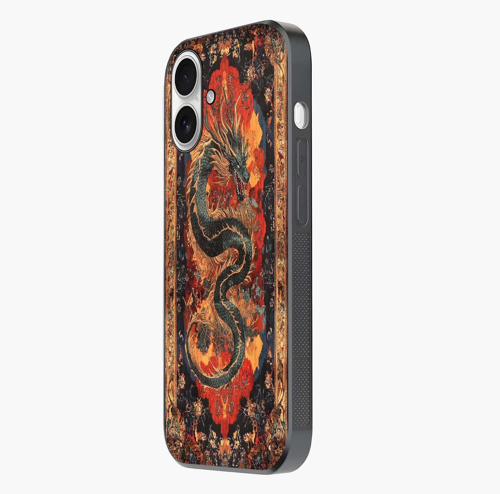 Inferno Dragon Soul Glass Case photographed in natural light showing reflective finish and design depth.