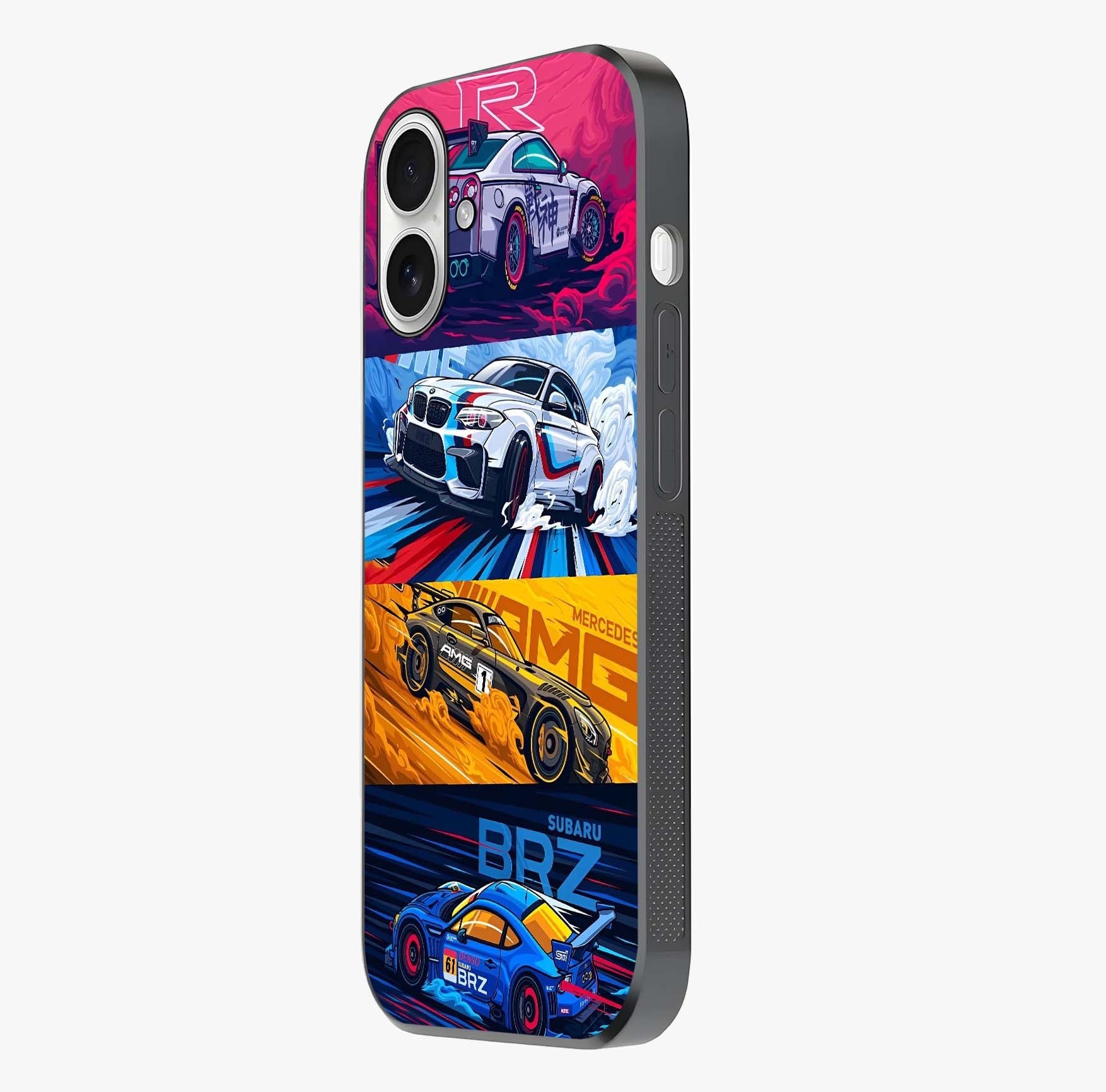 Jdm Sports Car Glass Case photographed in natural light showing reflective finish and design depth.