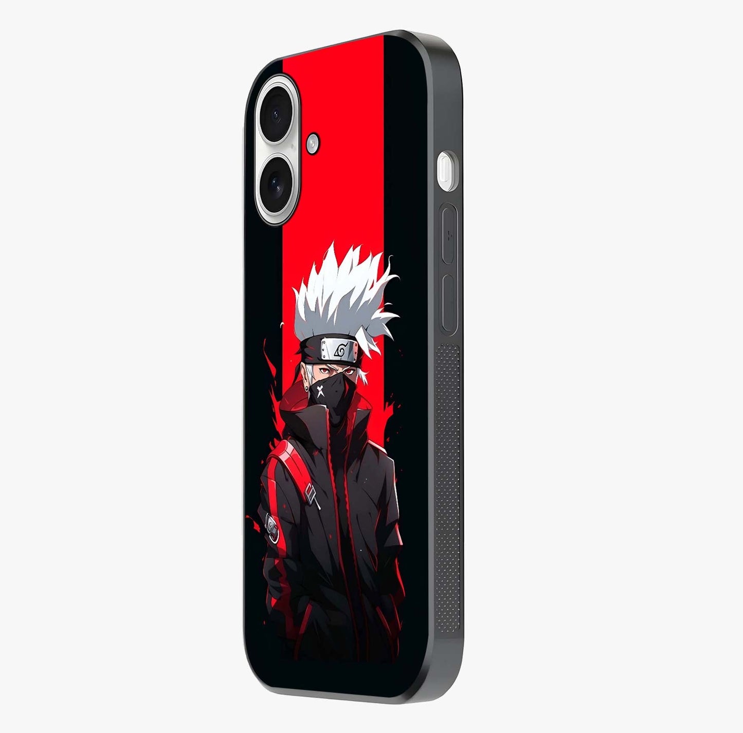 Kakashi Scarlet Shadow Glass Case photographed in natural light showing reflective finish and design depth.