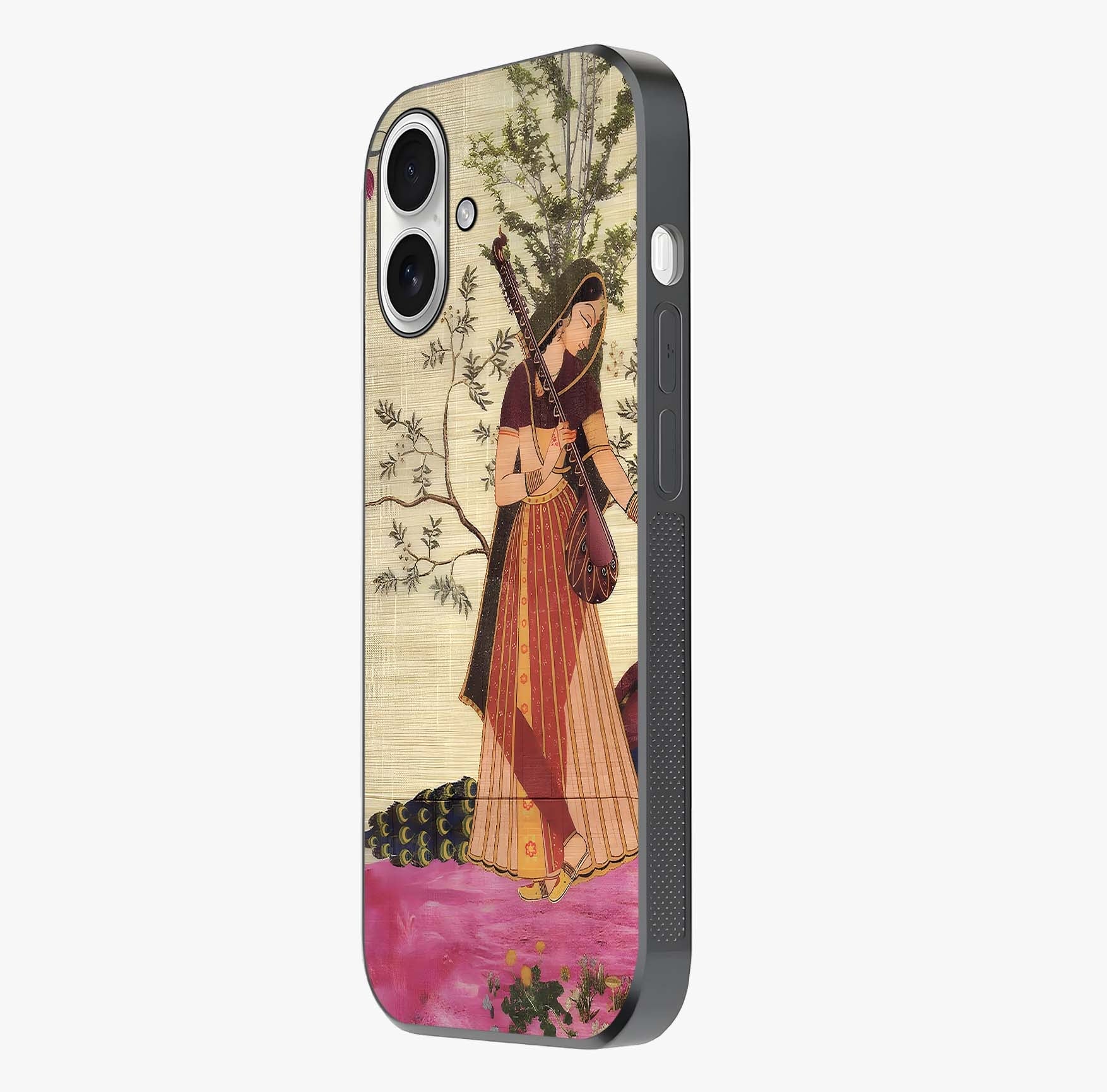 Lady With Veena Art Glass Case photographed in natural light showing reflective finish and design depth.
