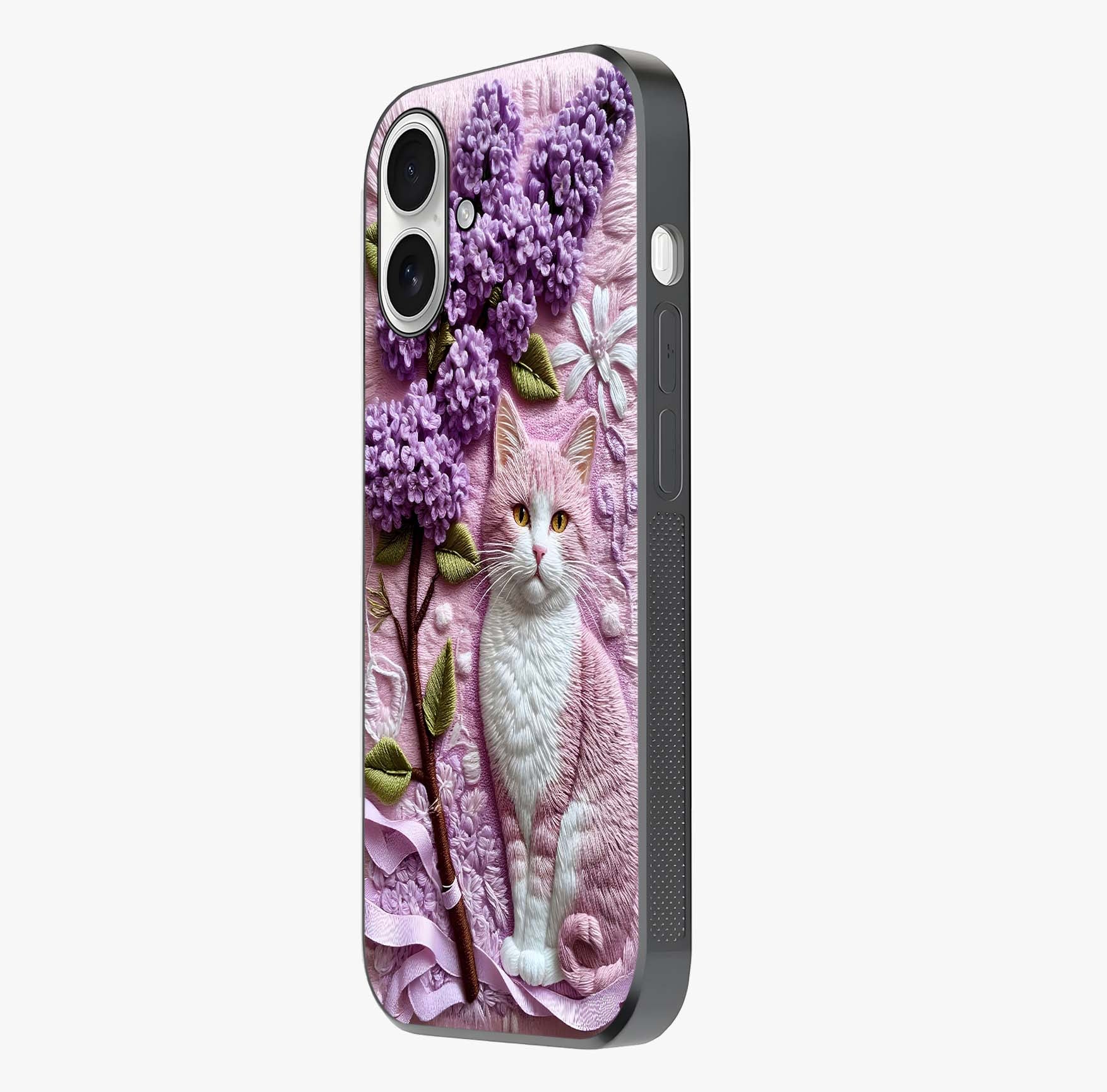 Lavender Cat Whimsy Glass Case photographed in natural light showing reflective finish and design depth.