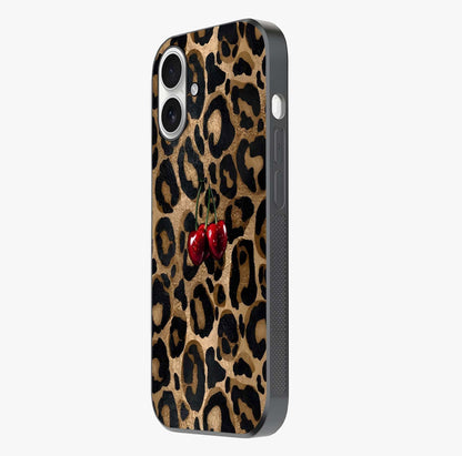 Leopard Wild Cherry Glass Case photographed in natural light showing reflective finish and design depth.