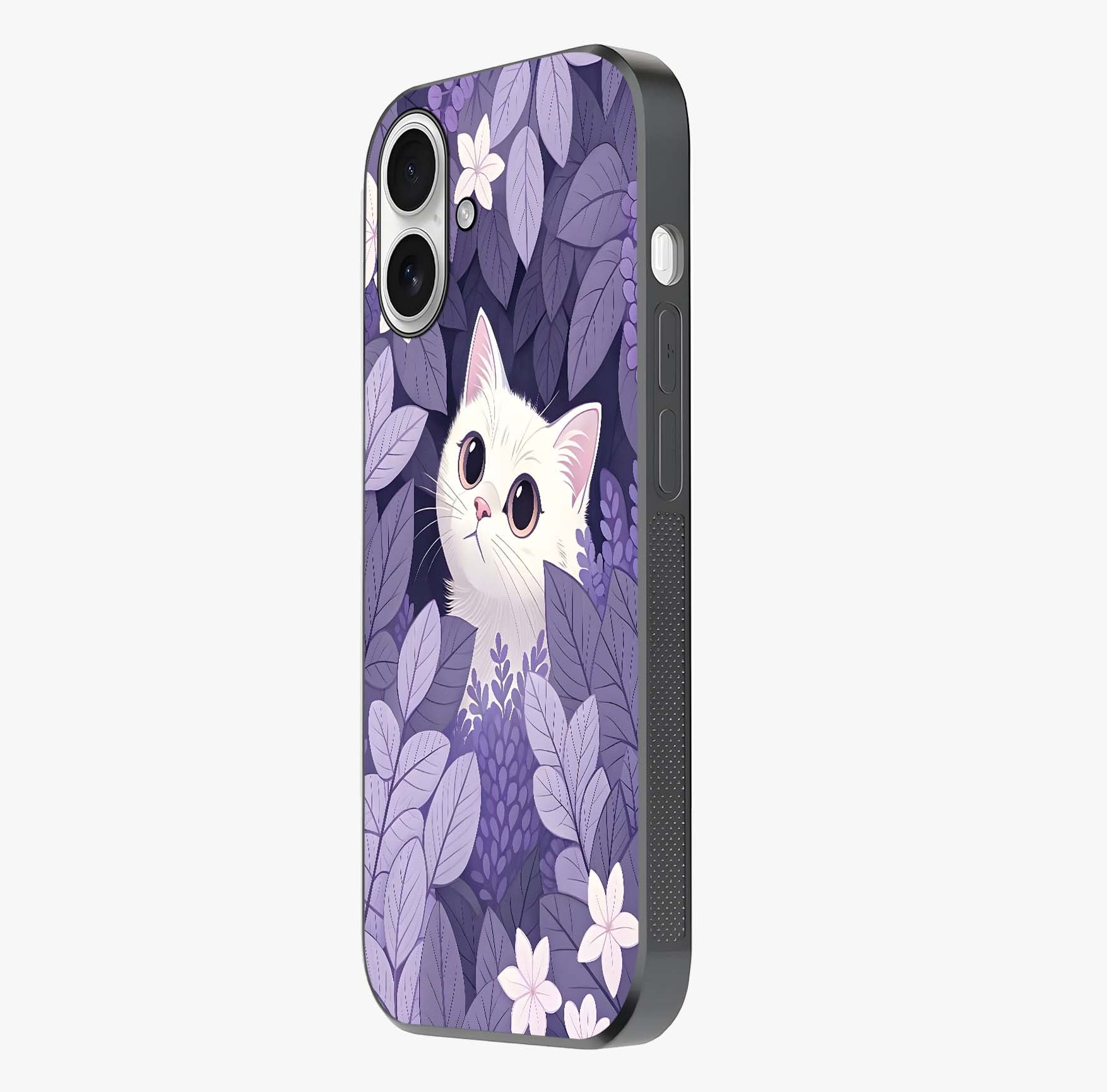 Lilac Hide Peek Cat Glass Case photographed in natural light showing reflective finish and design depth.