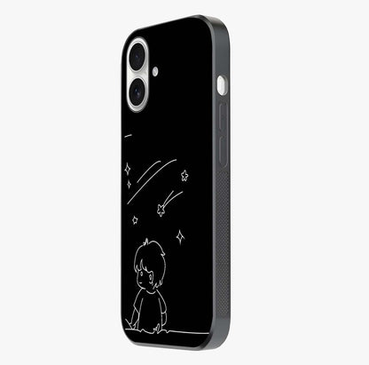 Line Art Boy With Shooting Stars Glass Case photographed in natural light showing reflective finish and design depth.