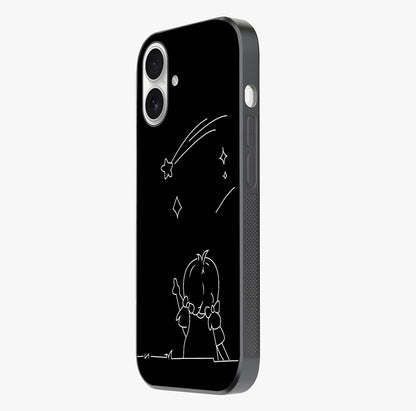 Line Art Girl With Shooting Stars Glass Case photographed in natural light showing reflective finish and design depth.