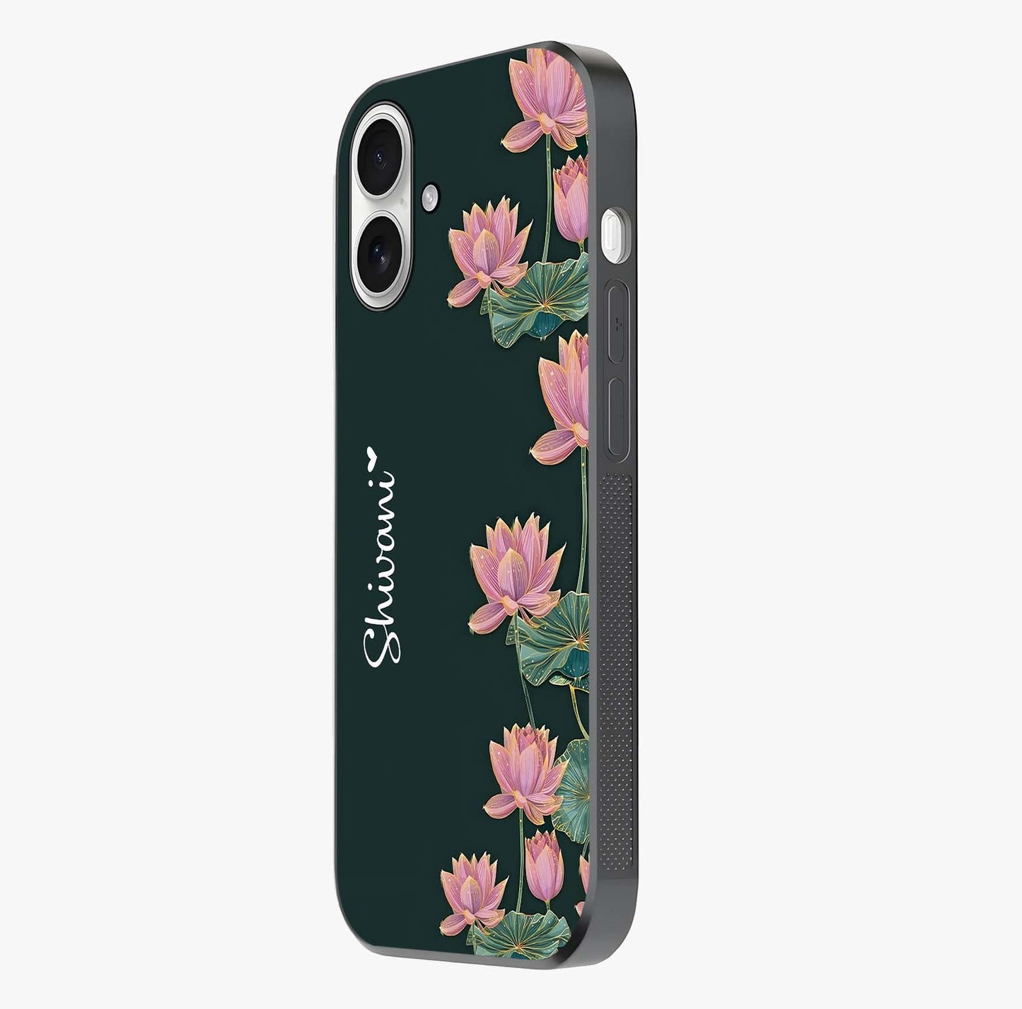 Lotus Bloom Serenity Custom Name Glass Case photographed in natural light showing reflective finish and design depth.
