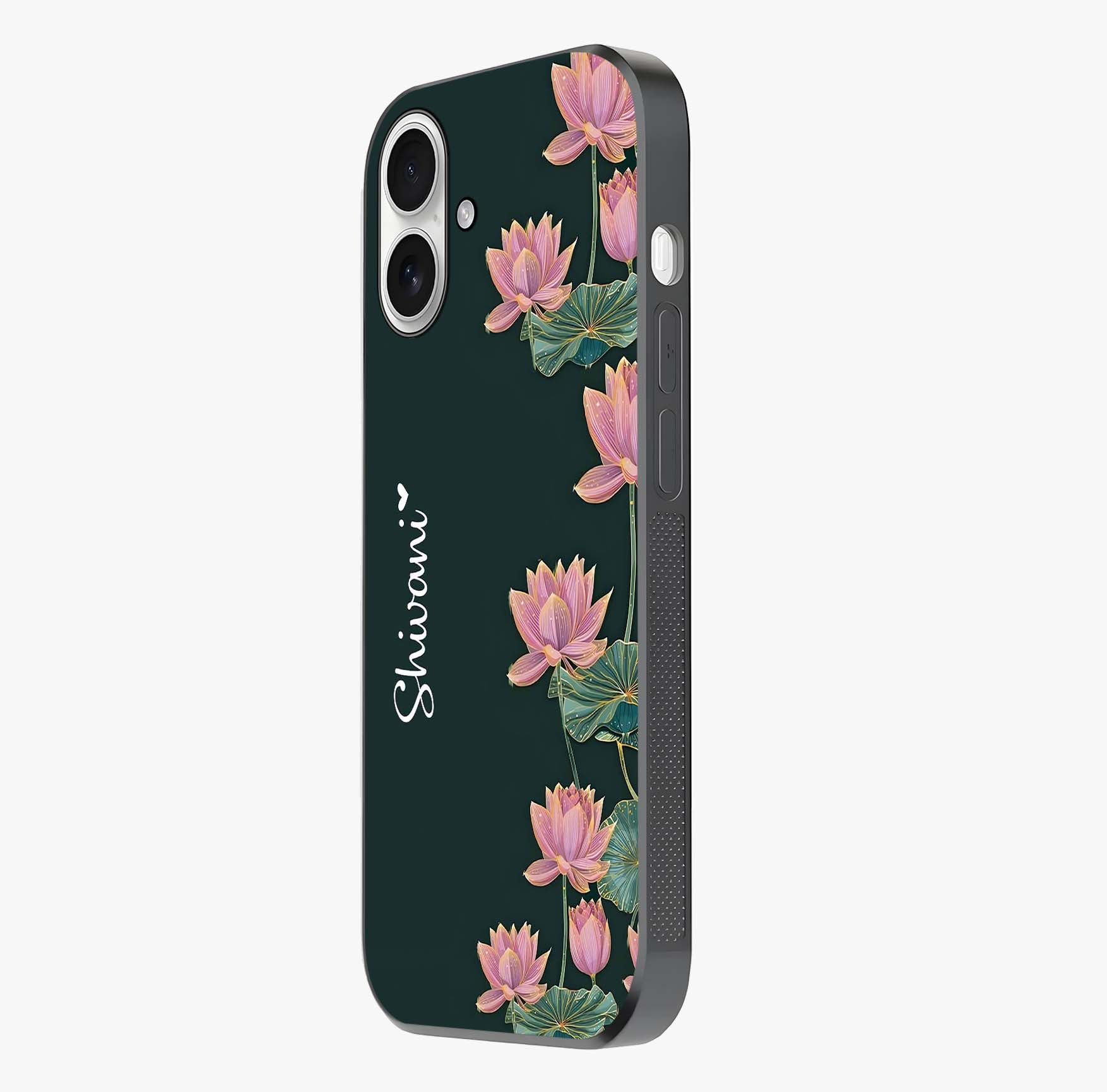 Lotus Bloom Serenity Custom Name Glass Case photographed in natural light showing reflective finish and design depth.