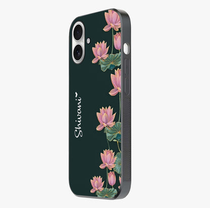 Lotus Bloom Serenity Custom Name Glass Case photographed in natural light showing reflective finish and design depth.