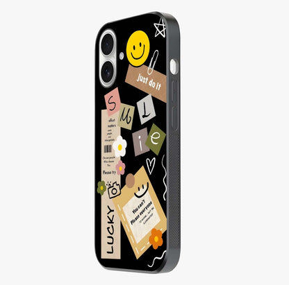 Lucky Aesthetic Collage Glass Case photographed in natural light showing reflective finish and design depth.