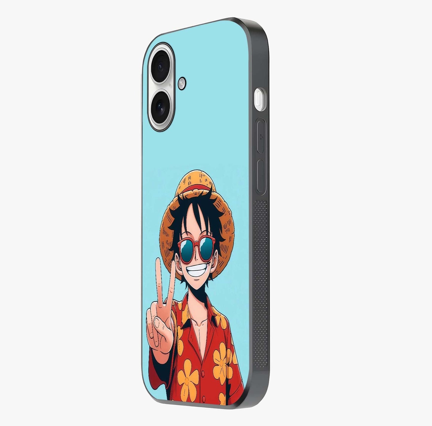 Luffy Summer Anime Vibe Glass Case photographed in natural light showing reflective finish and design depth.