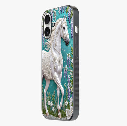 Majestic Floral Stallion Glass Case photographed in natural light showing reflective finish and design depth.