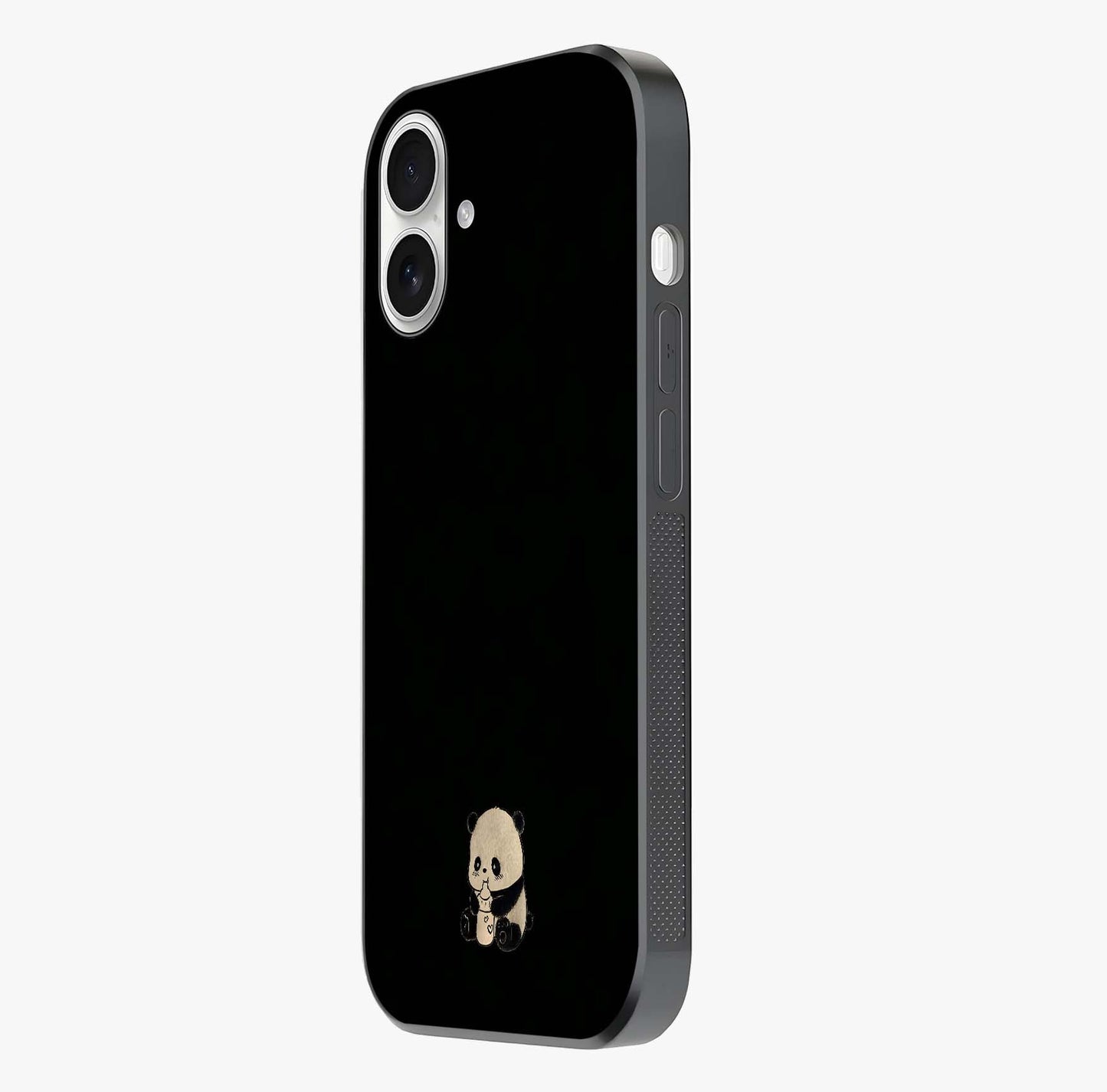 Midnight Panda Love Glass Case photographed in natural light showing reflective finish and design depth.