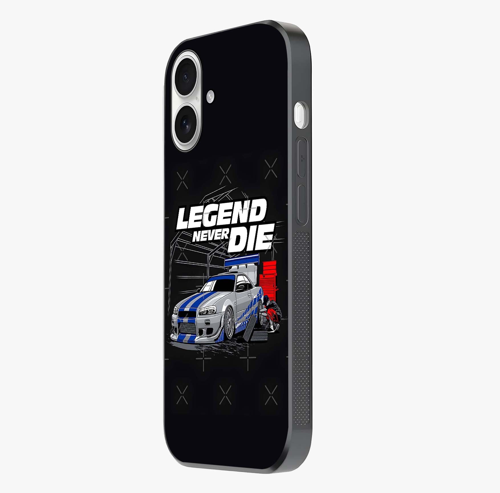 Midnight Racing Legacy Glass Case photographed in natural light showing reflective finish and design depth.