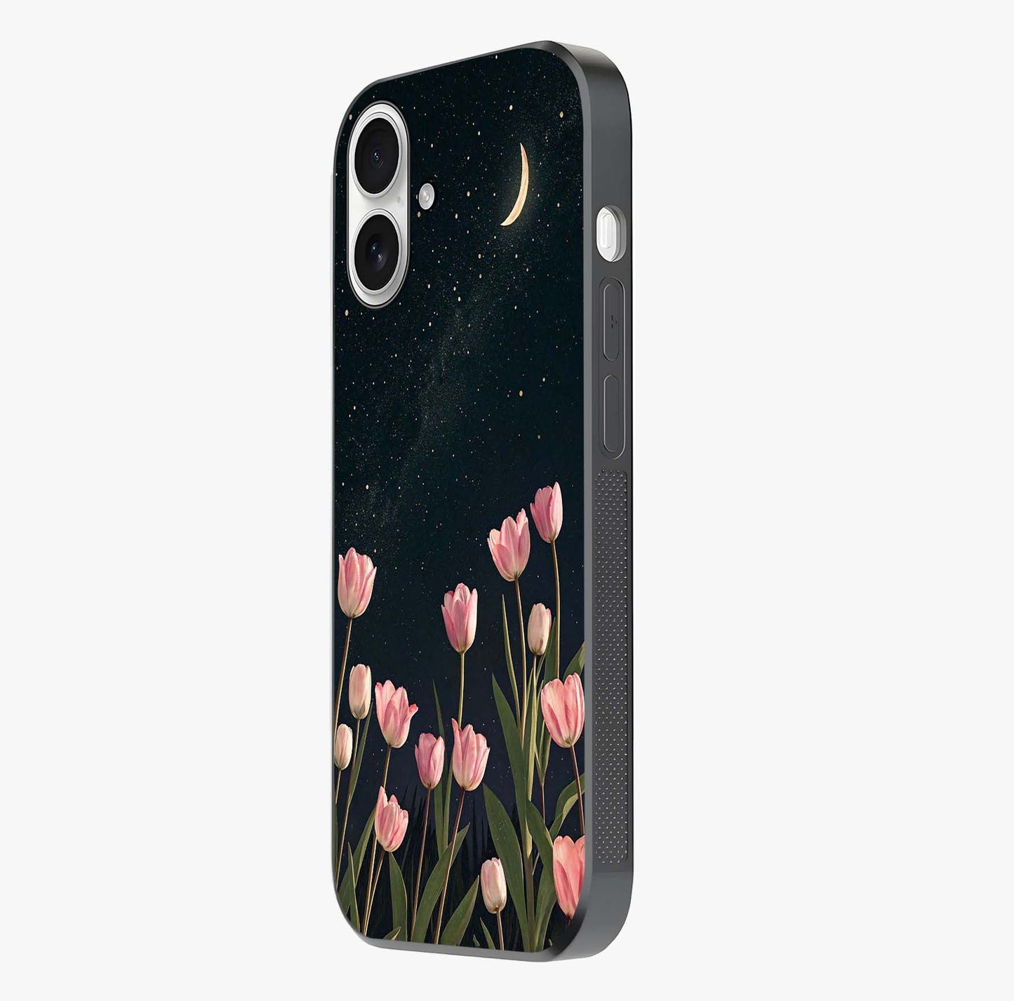 Midnight Tulip Whispers Vibe Glass Case photographed in natural light showing reflective finish and design depth.