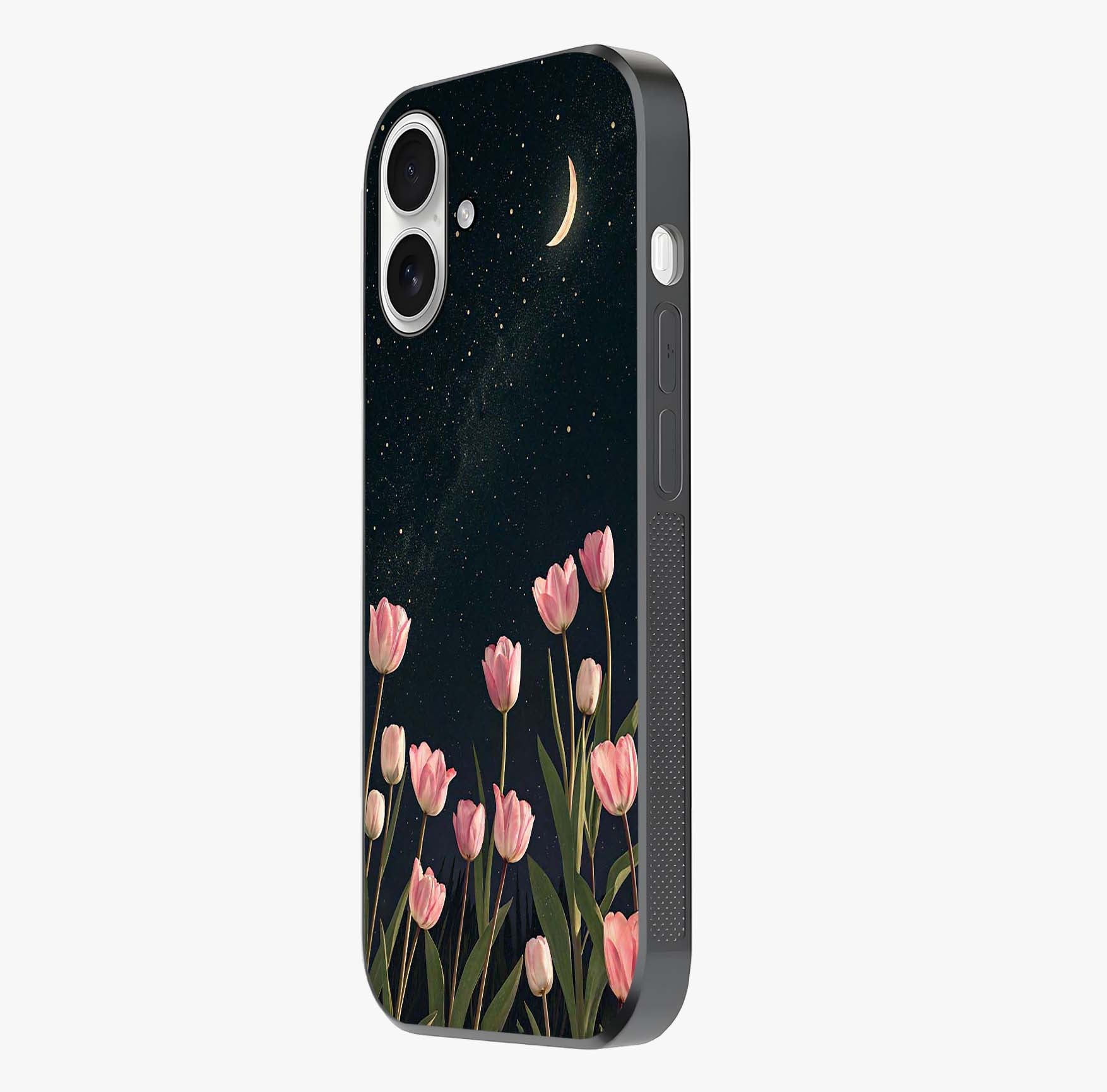 Midnight Tulip Whispers Vibe Glass Case photographed in natural light showing reflective finish and design depth.