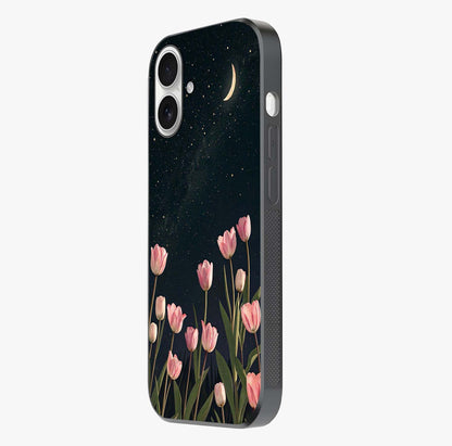 Midnight Tulip Whispers Vibe Glass Case photographed in natural light showing reflective finish and design depth.