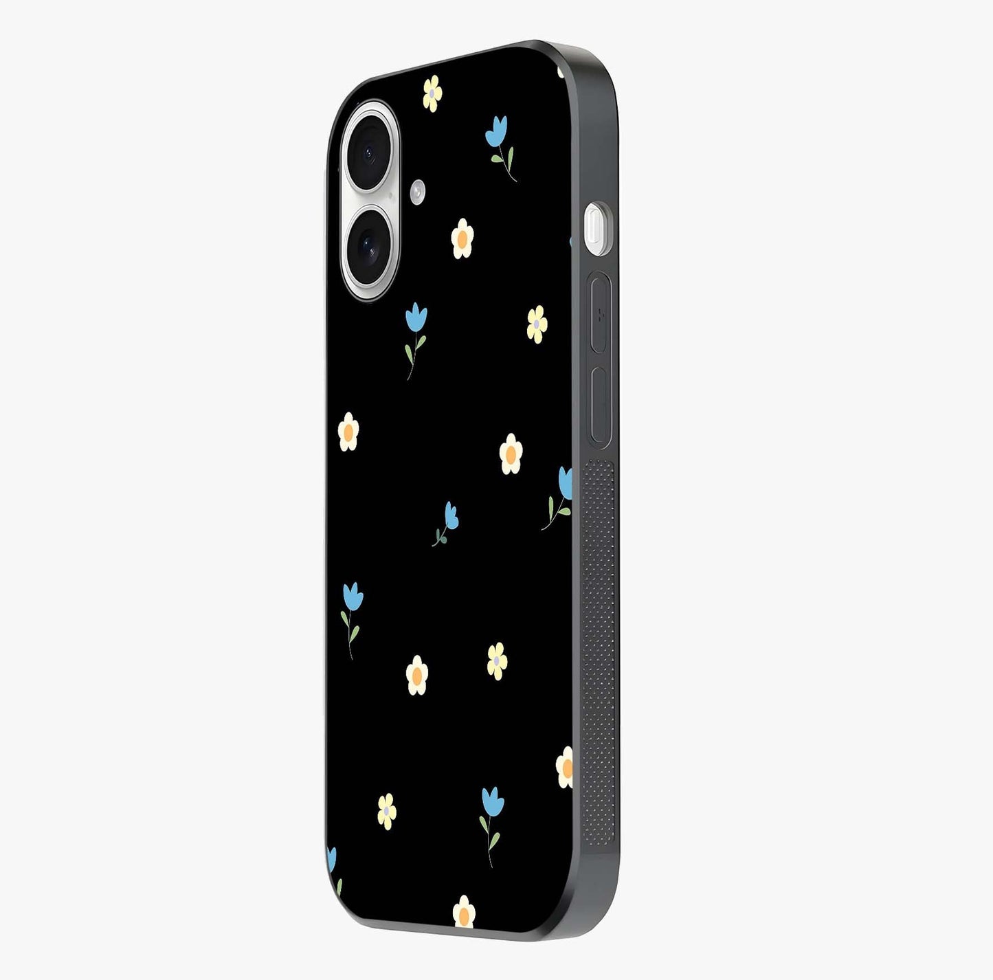 Minimal Petal Whispers Glass Case photographed in natural light showing reflective finish and design depth.