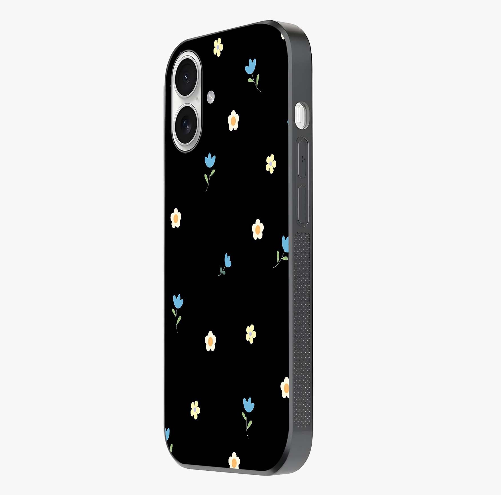 Minimal Petal Whispers Glass Case photographed in natural light showing reflective finish and design depth.