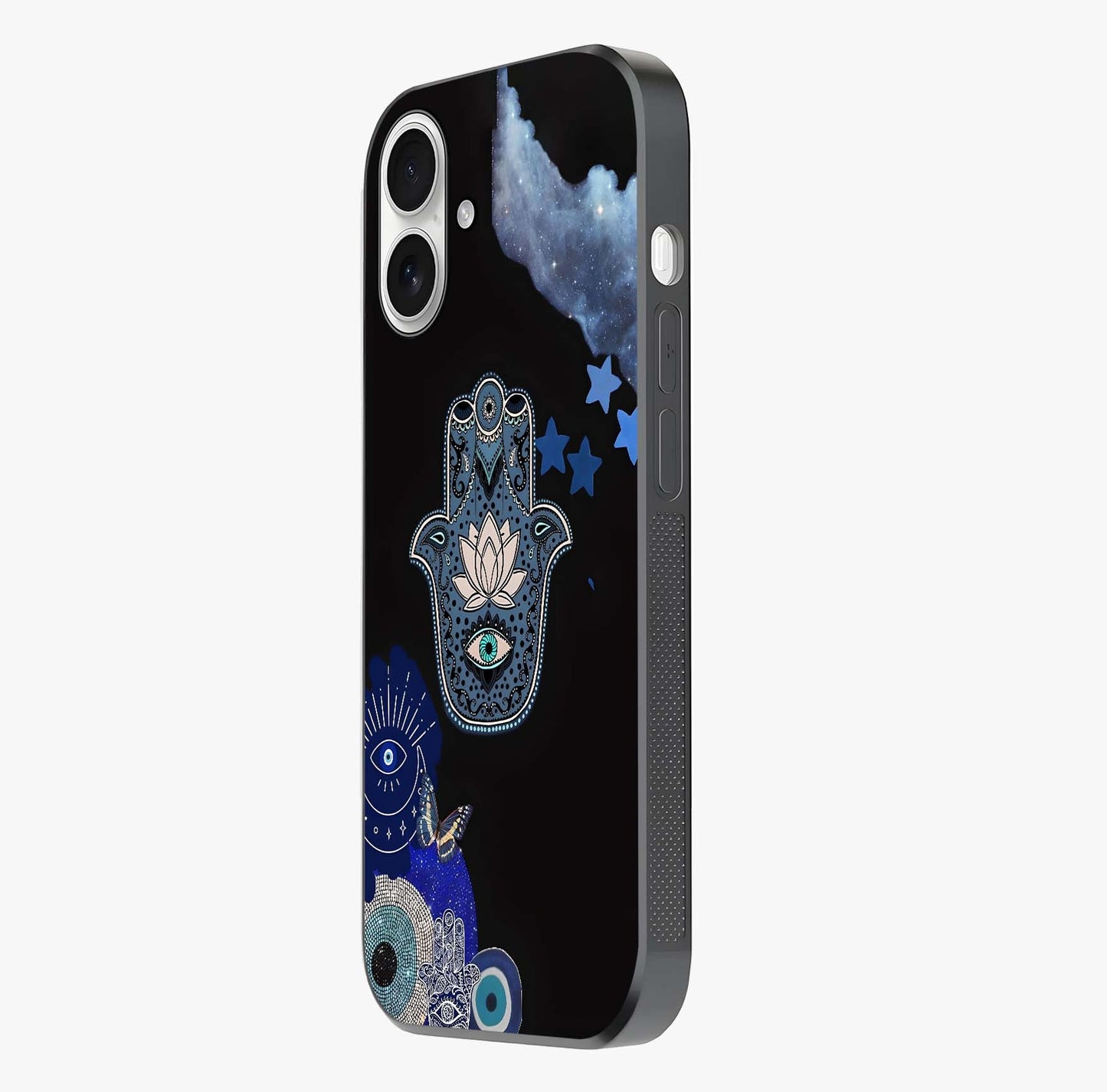 Mystic Hand Aura Glass Case photographed in natural light showing reflective finish and design depth.