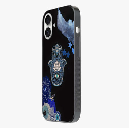 Mystic Hand Aura Glass Case photographed in natural light showing reflective finish and design depth.