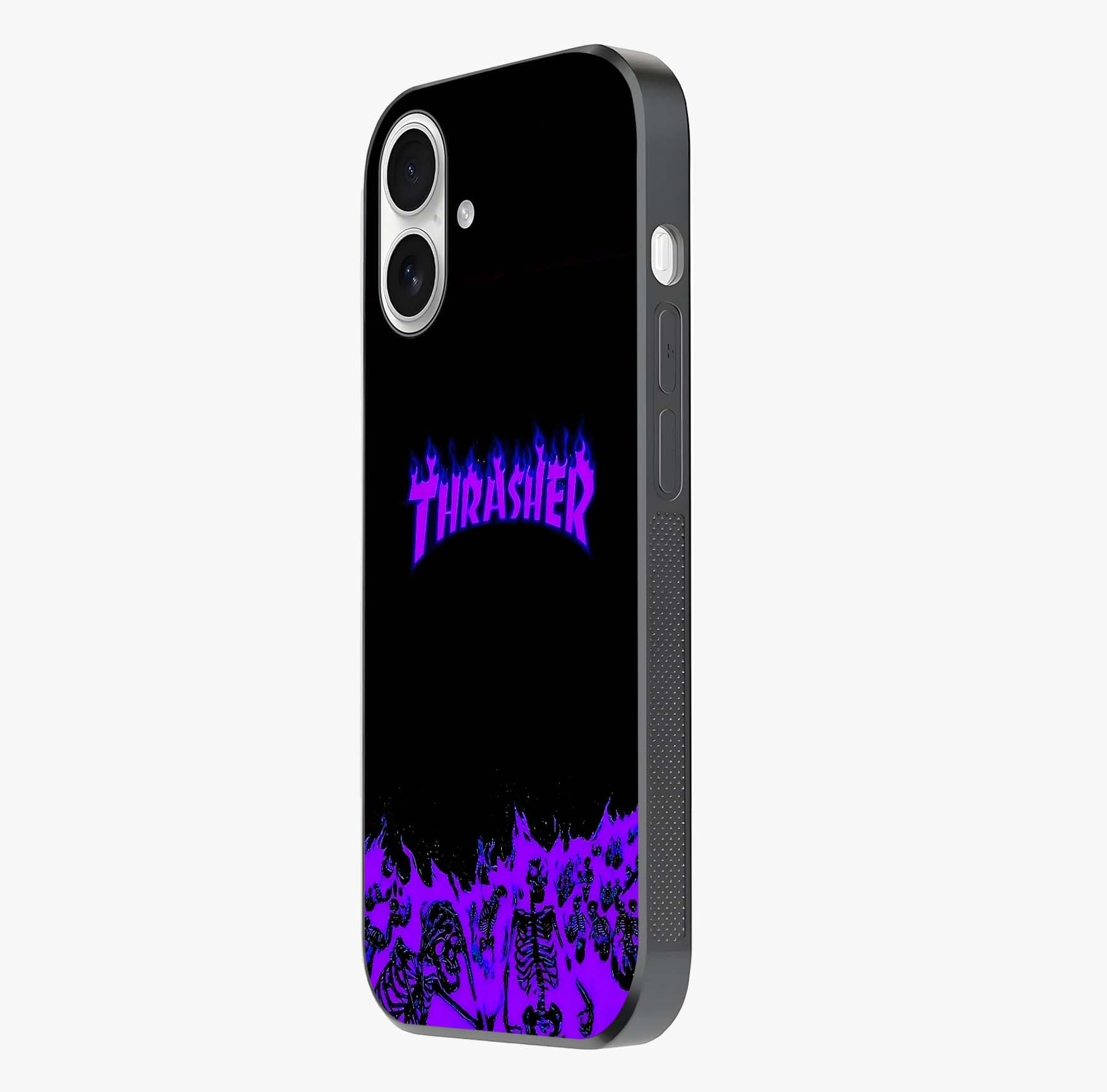 Neon Flame Riot Glass Case photographed in natural light showing reflective finish and design depth.