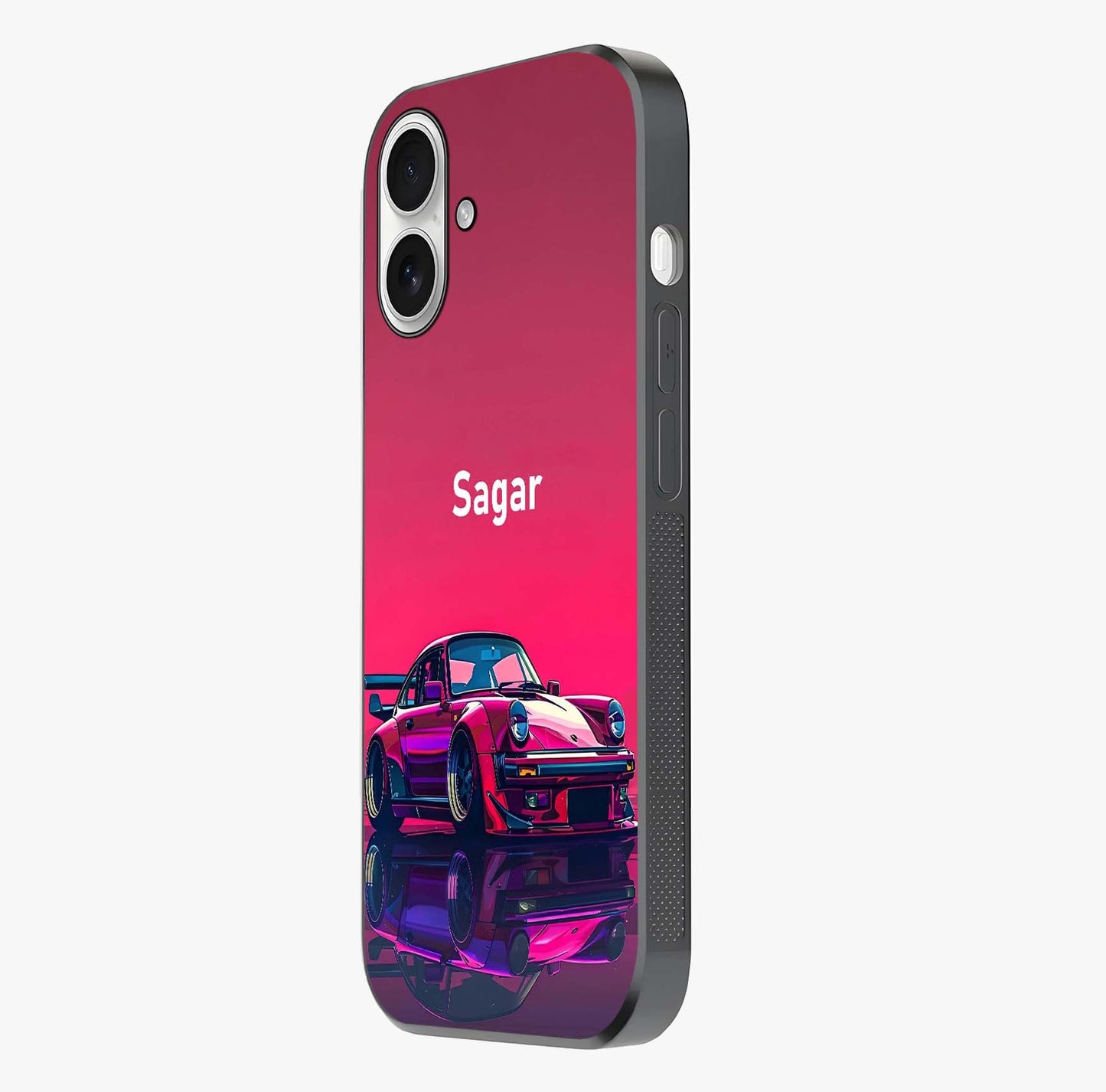 Neon Pink Porsche Glass Case photographed in natural light showing reflective finish and design depth.