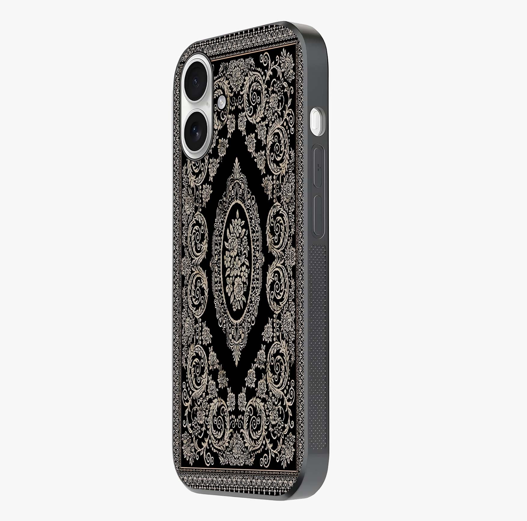 Noir Bloom Elegance Glass Case photographed in natural light showing reflective finish and design depth.