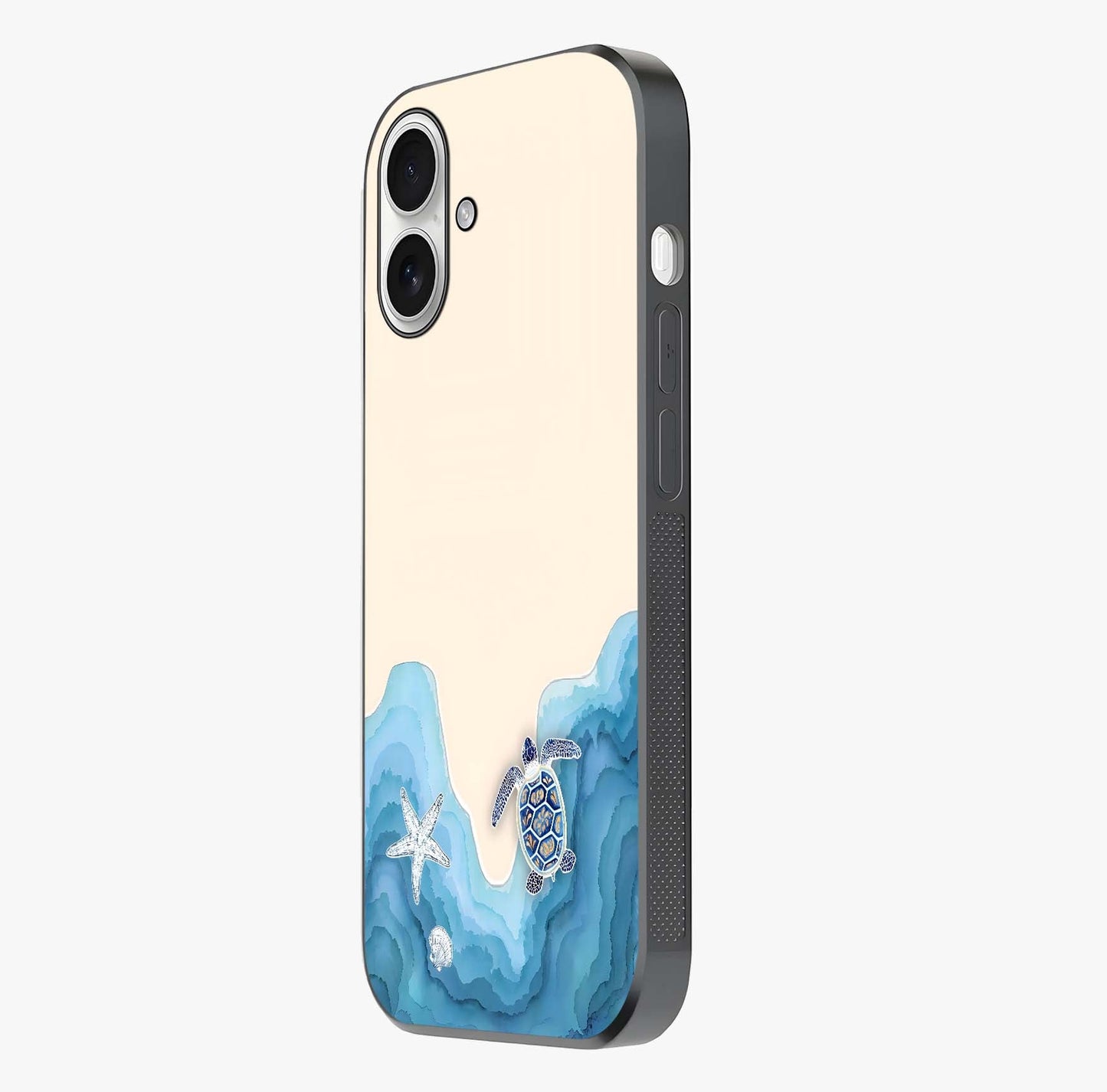 Ocean Drift Turtle Glass Case photographed in natural light showing reflective finish and design depth.