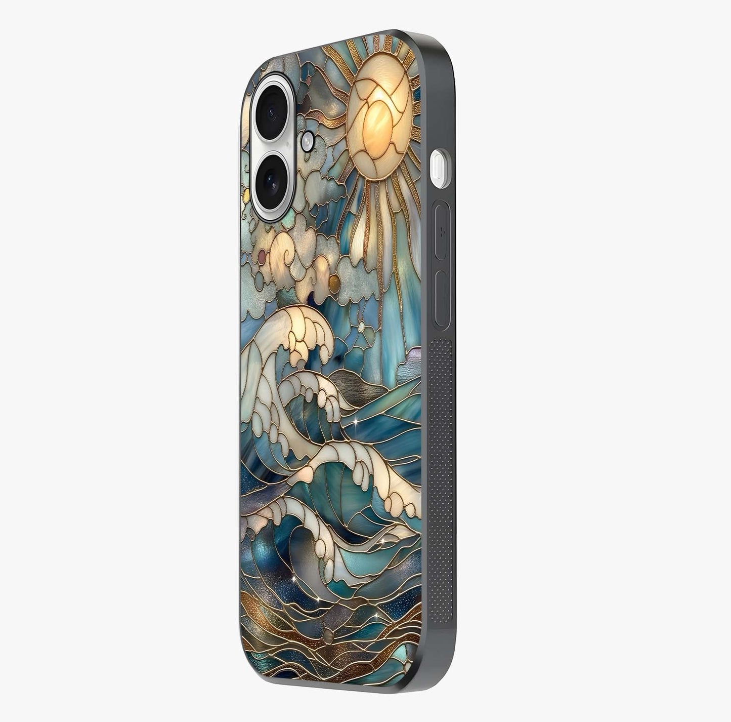 Oceanic Stained Printed Glass Case photographed in natural light showing reflective finish and design depth.
