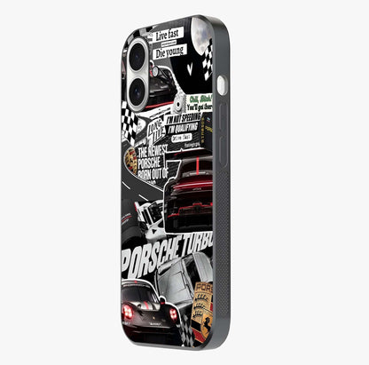 Porsche Racing Collage Glass Case photographed in natural light showing reflective finish and design depth.