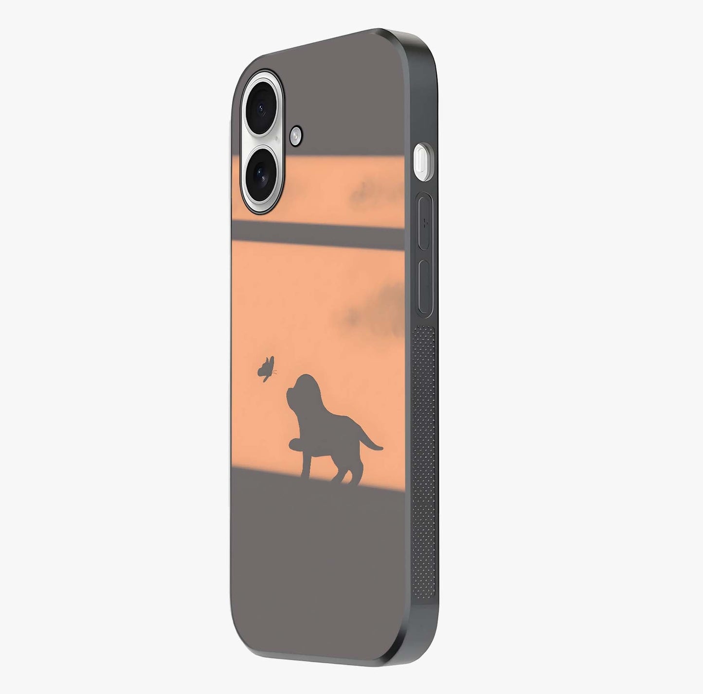 Puppy Shadow Art Glass Case photographed in natural light showing reflective finish and design depth.