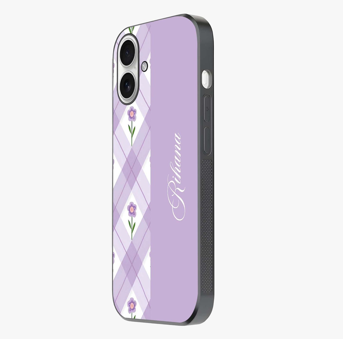 Purple Diamond Floral Glass Case photographed in natural light showing reflective finish and design depth.