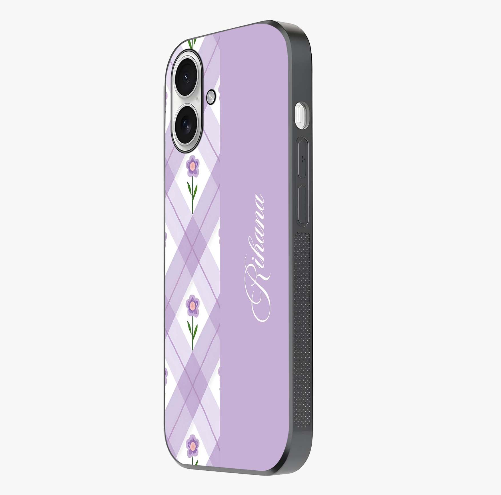Purple Diamond Floral Glass Case photographed in natural light showing reflective finish and design depth.