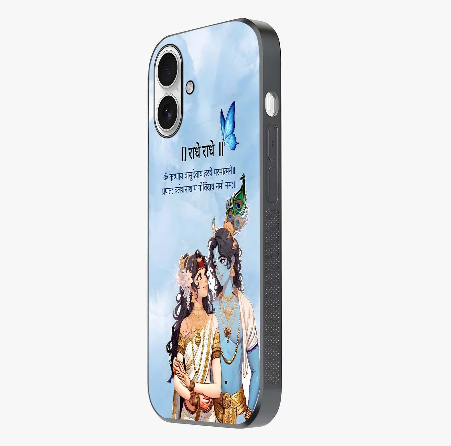 Radha Krishna Eternal Glass Case photographed in natural light showing reflective finish and design depth.