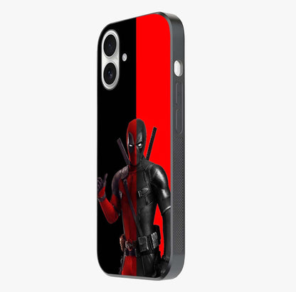 Red & Black Deadpool Theme Glass Case photographed in natural light showing reflective finish and design depth.