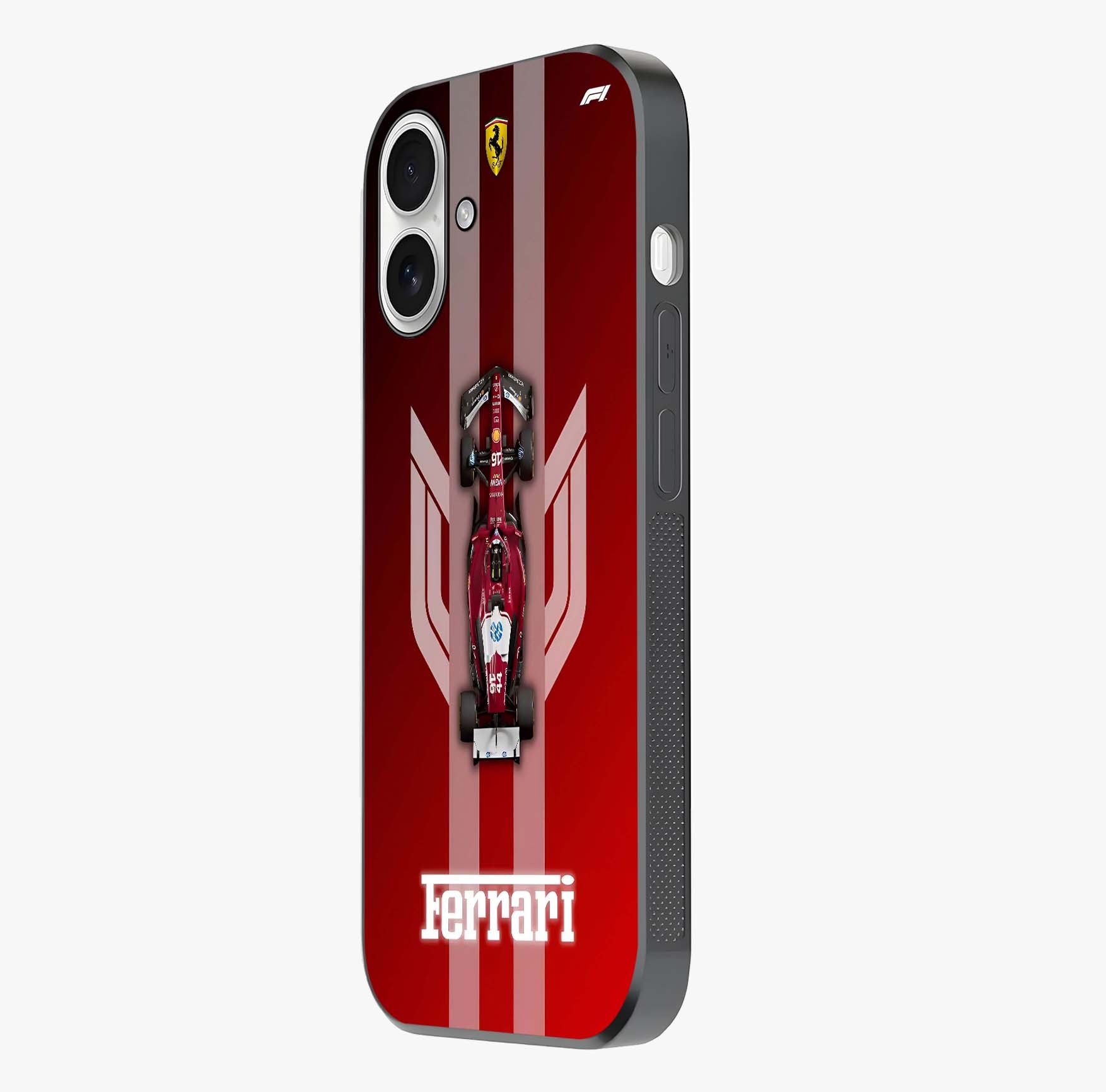 Red Ferrari F1 Vertical Glass Case photographed in natural light showing reflective finish and design depth.