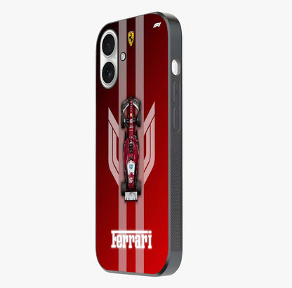 Red Ferrari F1 Vertical Glass Case photographed in natural light showing reflective finish and design depth.