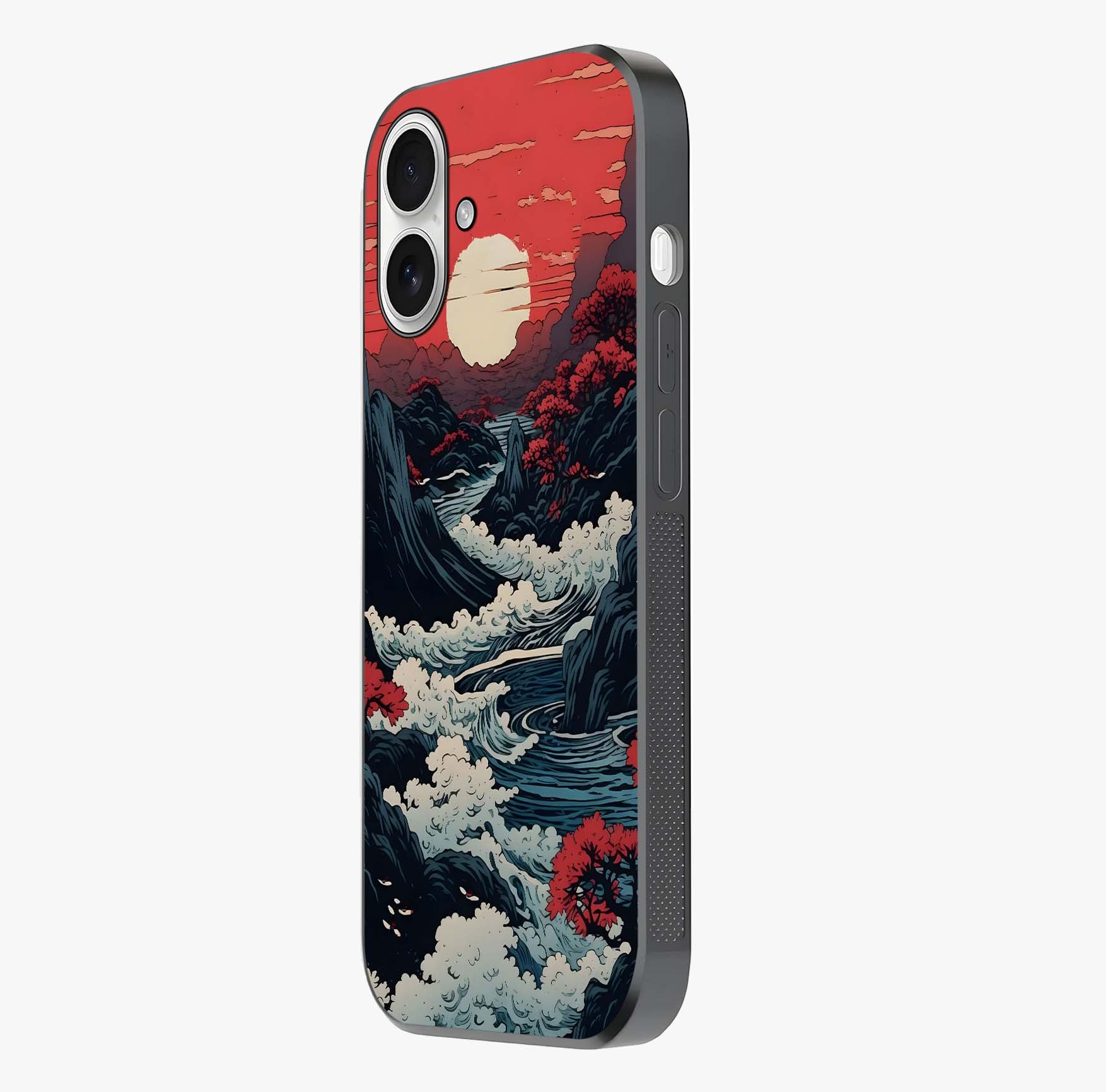 Red Sunset Scenery Glass Case photographed in natural light showing reflective finish and design depth.