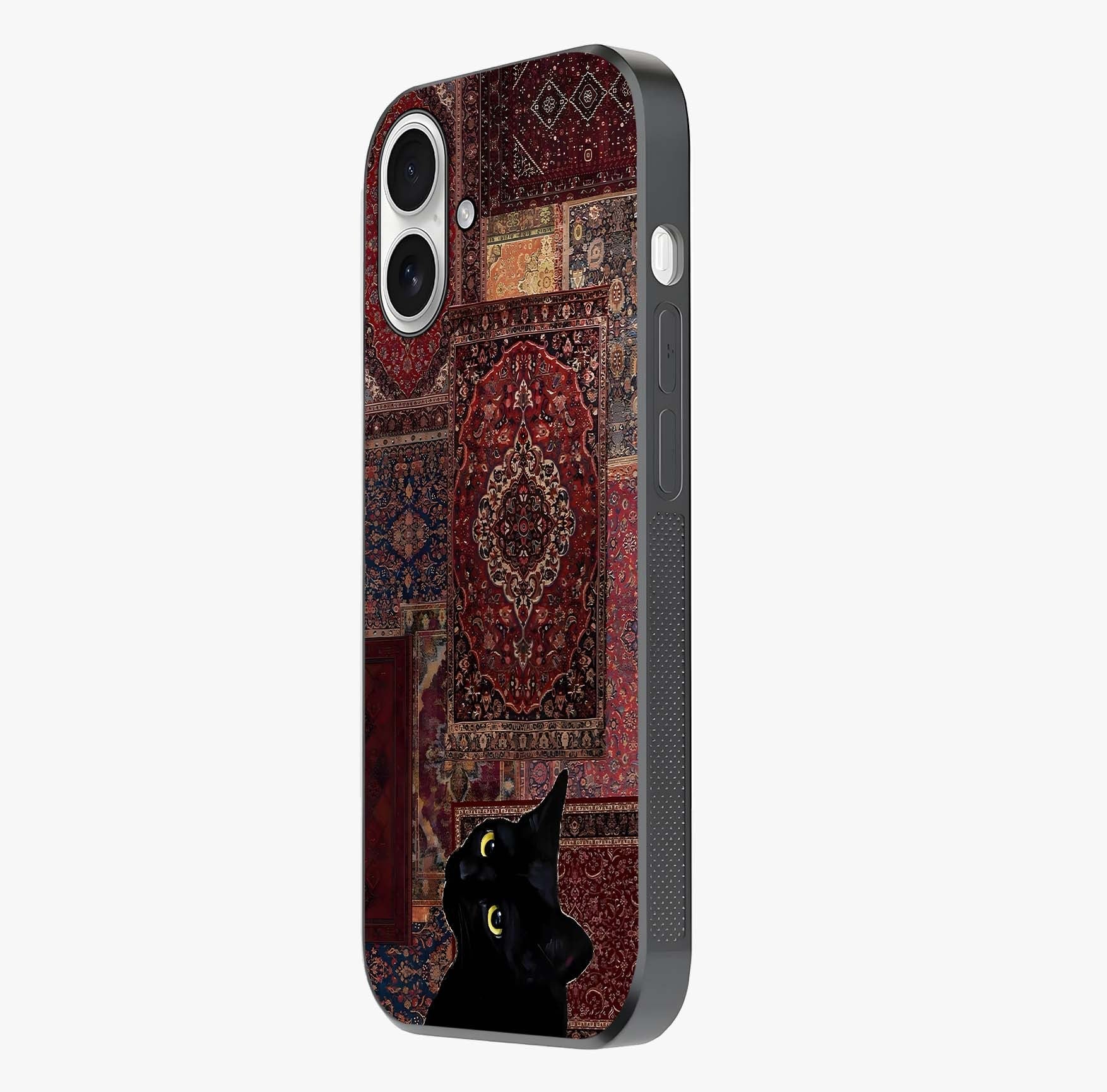 Regal Magic Cat Apple Glass Case photographed in natural light showing reflective finish and design depth.